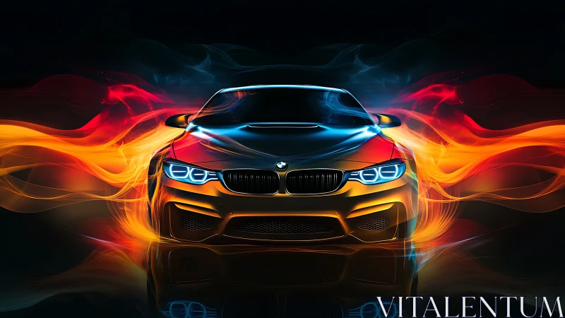Sports coupe front view is rendered with abstract light trails