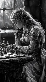 Medieval princess in brocade gown studying ornate chessboard