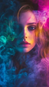 Vivid portrait merges female face with swirling neon smoke