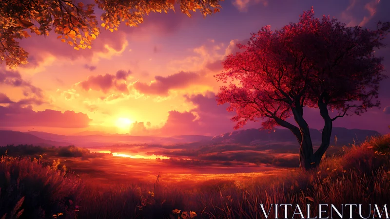 Radiant sunset ignites tranquil valley beneath red tree.