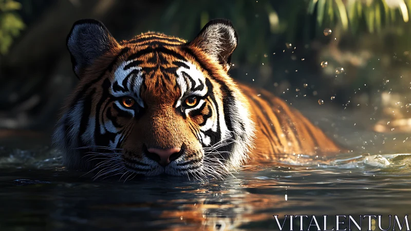 River-eyed tiger glides forward, painted in molten sunlight
