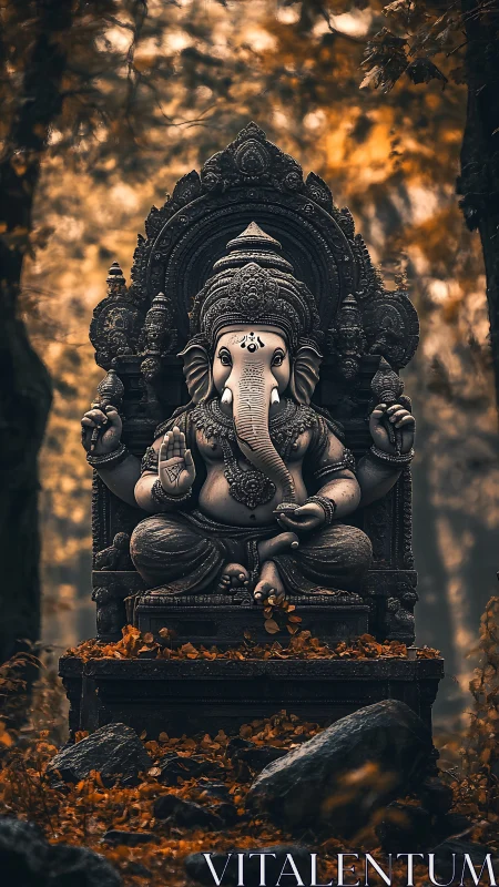 Sacred Ganesha stone idol rests in a misty autumn forest