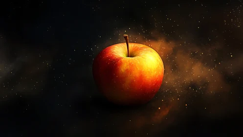Luminous red apple suspended in cosmic dust field, high contrast.