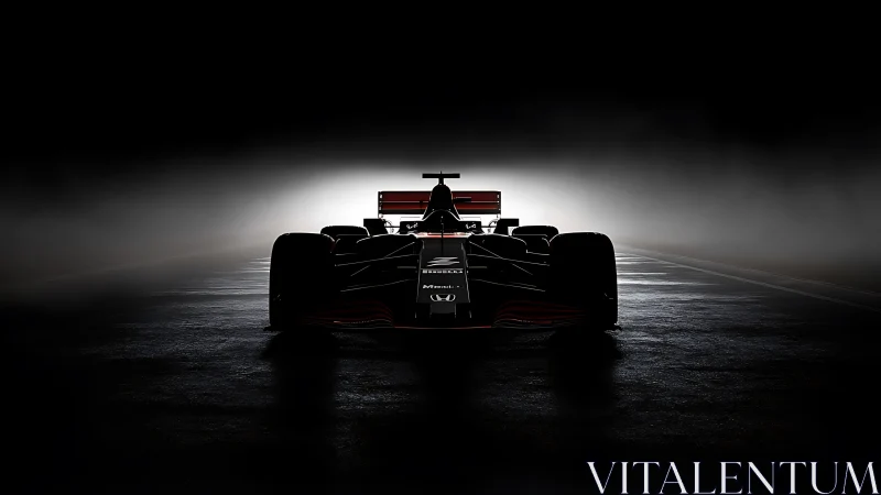 Formula race car silhouette under dramatic backlight.