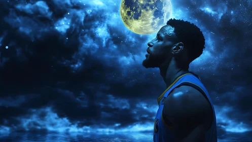Basketball player profile beneath large moonlit night sky.