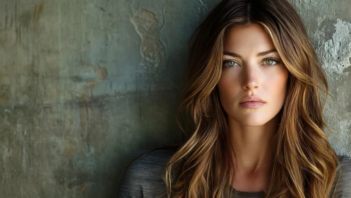 Photorealistic portrait of woman by textured concrete wall.