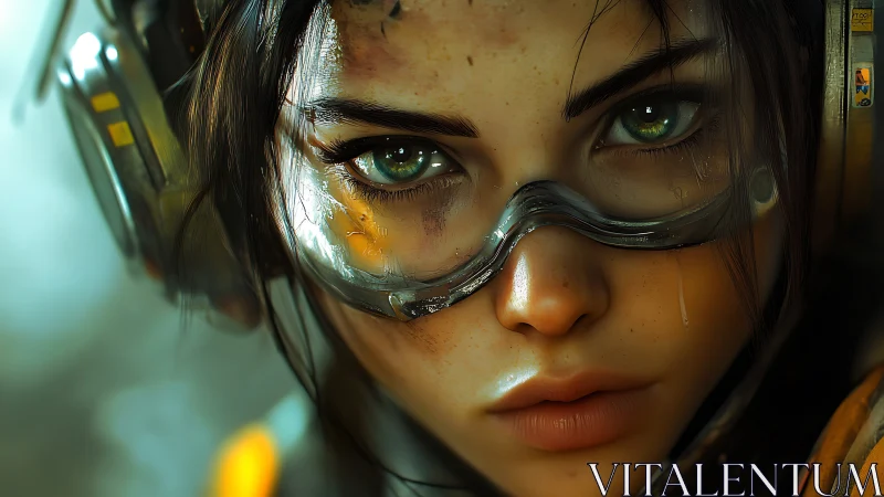 Close frontal view shows woman in headset and goggles