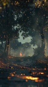Enchanted forest pathway glows with floating embers.