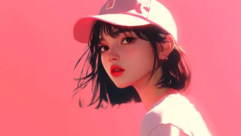 Softly lit pink portrait of girl in cap with vivid gaze.