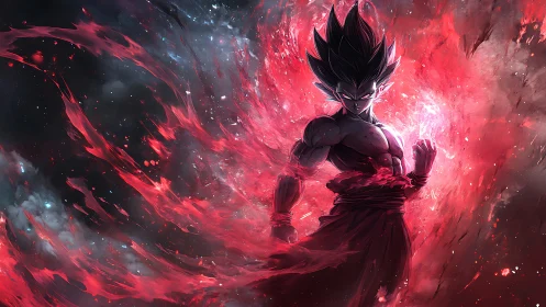 Dark-haired anime warrior in crimson cosmic energy storm.