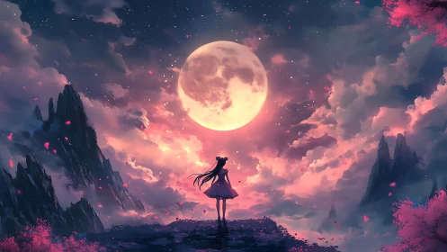 Girl in pink twilight gazing up at a glowing full moon.