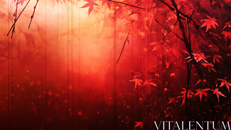 Crimson maple canopy dissolving into radiant autumn haze.