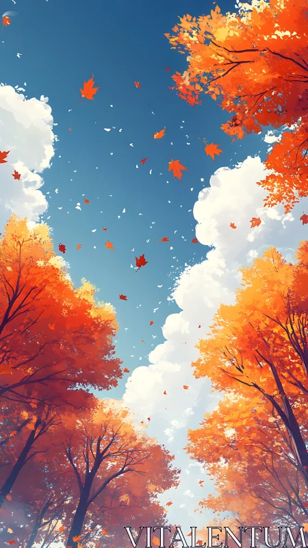 Skyward autumn whirlwind over blazing maple crowns.