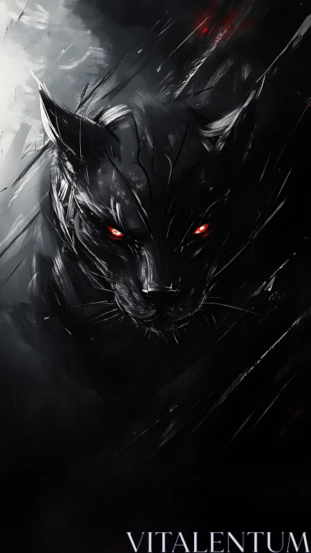 Digital panther portrait with glowing red eyes in smoky void