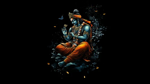 Divine blue deity in orange robes amid glowing foliage.
