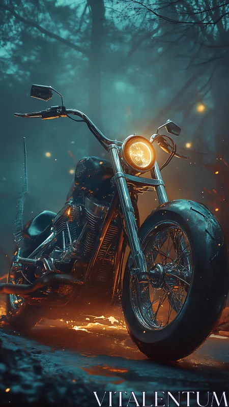 Chrome motorcycle blazing through misty embered forest.