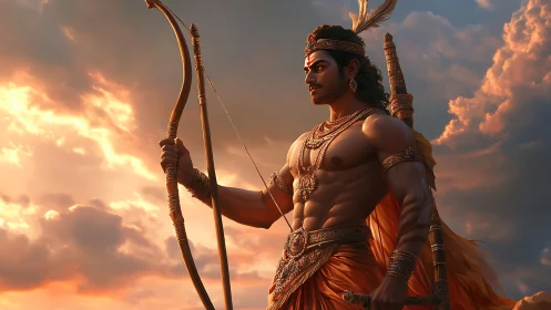 Digital painting of mythic archer in radiant sunset chiaroscuro.