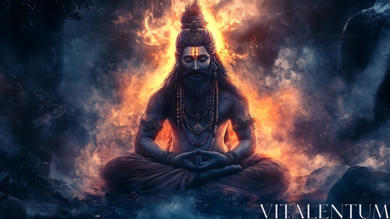 Meditating ascetic surrounded by fire and dense smoke.