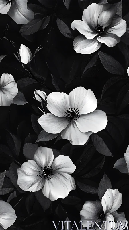 High-contrast monochromatic floral study with luminous blooms against deep shadows.