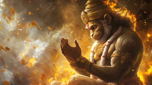 Radiant monkey warrior in quiet devotion amid swirling fire.