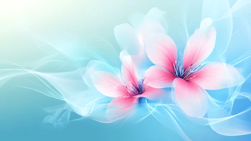 Digital illustration of pink flowers on blue abstract background.