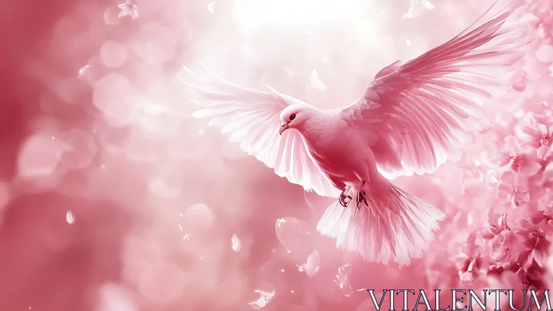 Elegant white dove in flight with pink floral background, soft focus.