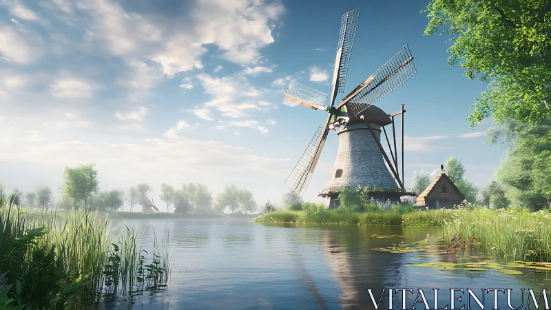 Windmill beside calm river with trees under partly cloudy sky.