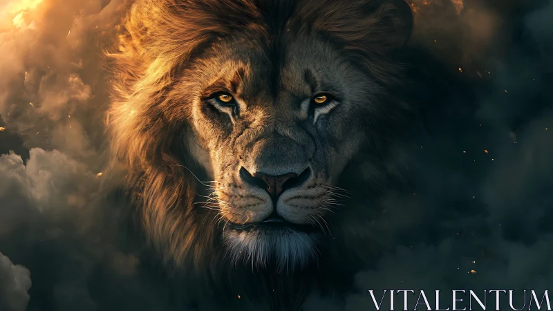 Fiery lion portrait emerges from swirling storm clouds.