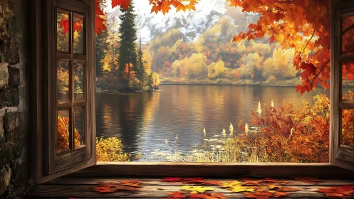 Open window view of calm autumn lake and forest landscape.