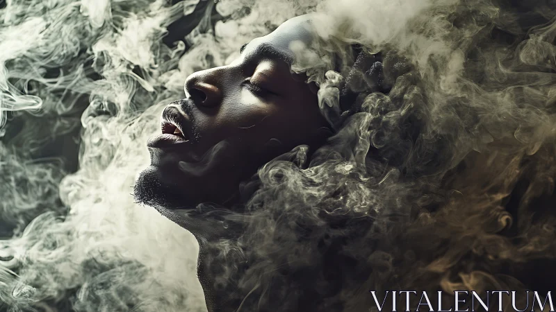 Dreamlike profile immersed in swirling cinematic smoke clouds.