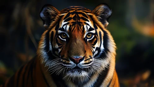 Photorealistic tiger portrait with dramatic frontal symmetry.