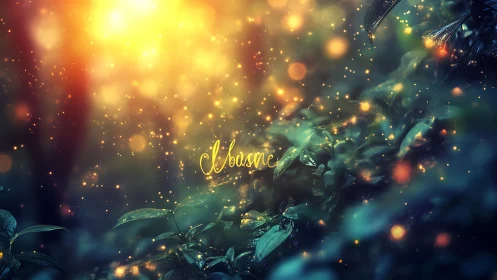 Enchanted forest glow over dewy leaves at golden dusk.