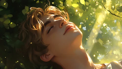 Sunlit portrait of a serene youth rendered in soft digital light