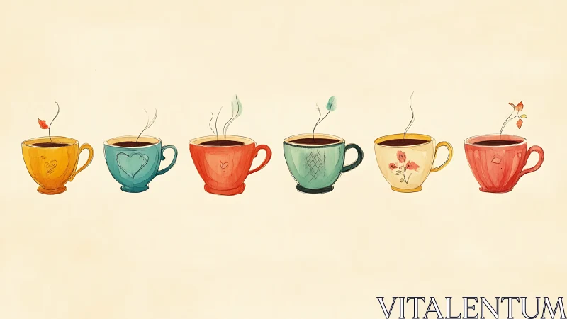 Six colorful coffee cups align with delicate floral steam