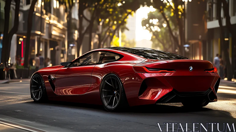 Red sports coupe glows against a sunlit modern city street