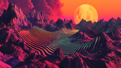Neon-gradient alien mountains with striped procedural valley surface