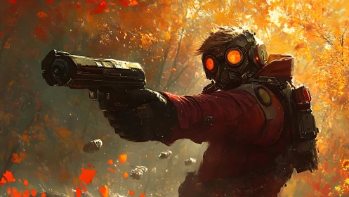 Armed gas-masked figure aims pistol amid incandescent foliage