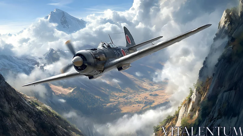 WWII fighter cuts through sunlit alpine cloud canyon.