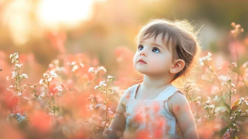 Child in field with flowering plants in backlit environment.