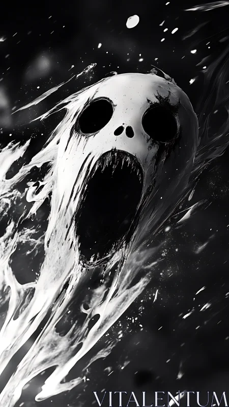 Ghostly scream in swirling monochrome liquid shadows.