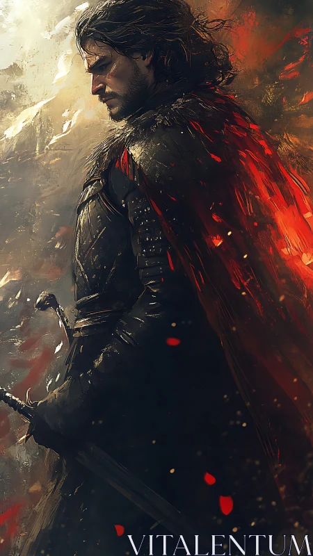 Brooding firelit knight wrapped in embers and stormlight.
