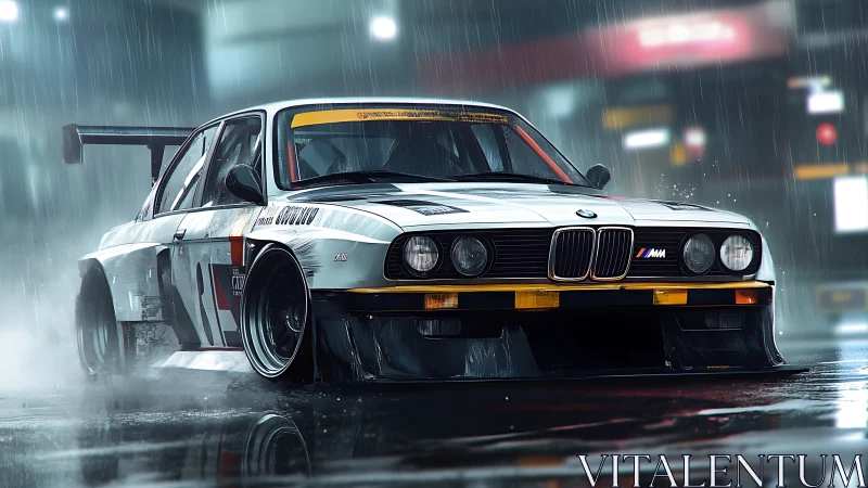 Retro BMW race car sliding through neon city rainstorm.