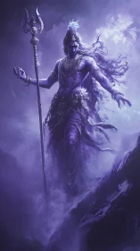 Purple-hued mythic figure with trident stands amid swirling mist
