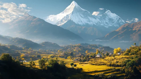 Snowcapped mountain dominates sunlit terraced valley landscape