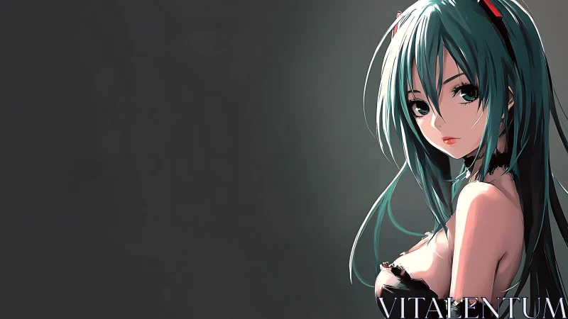Shadowlit teal-haired anime girl in quiet side-glance poise.