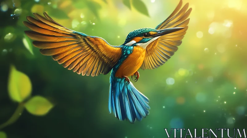 Vibrant Kingfisher in Flight Digital Art with Sunlit Background.