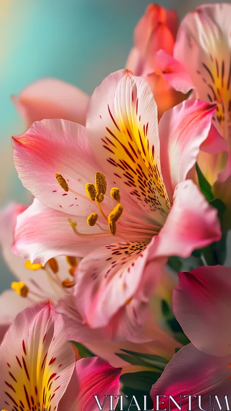Pink alstroemeria flowers with detailed stamen and speckled petals