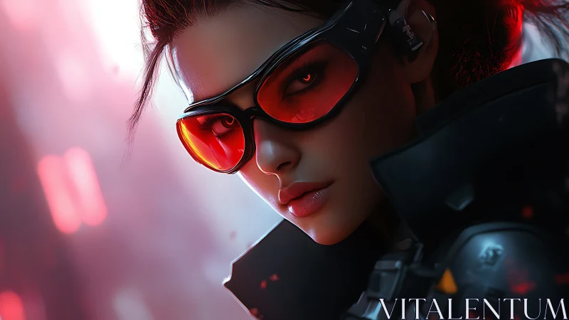 Cybernetic operative portrait with red visor reflections and hard rim lighting