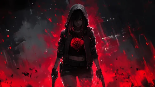 Shadowed street warrior walks through red neon fury tonight