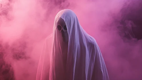 Ghostly figure in white sheet surrounded by pink fog.